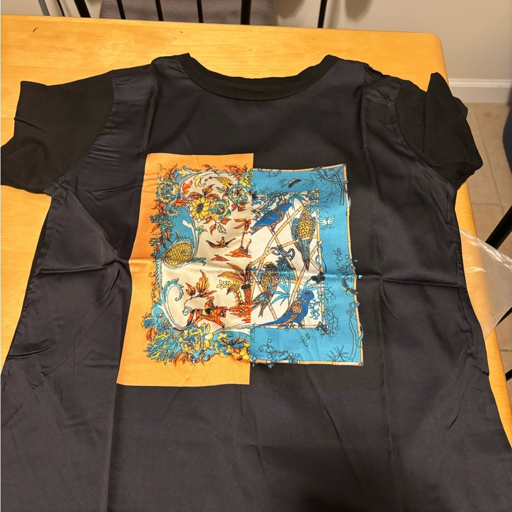 Girls' Navy Short-Sleeve Top with Colorblock Bird Print